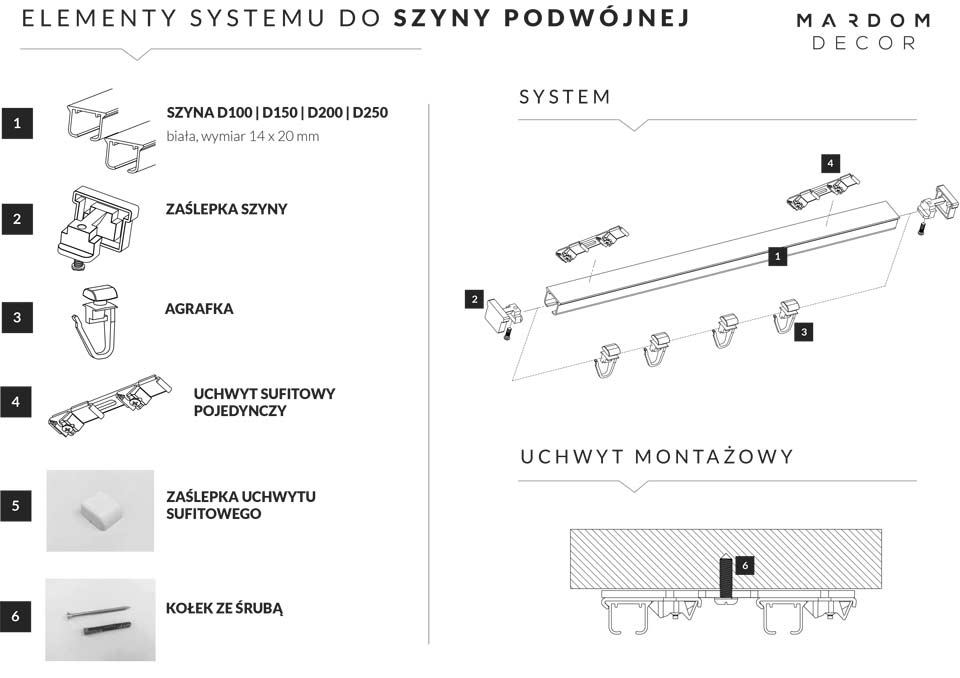 elemnty możntażow do szyn karniszowych podwójnych mardom decor